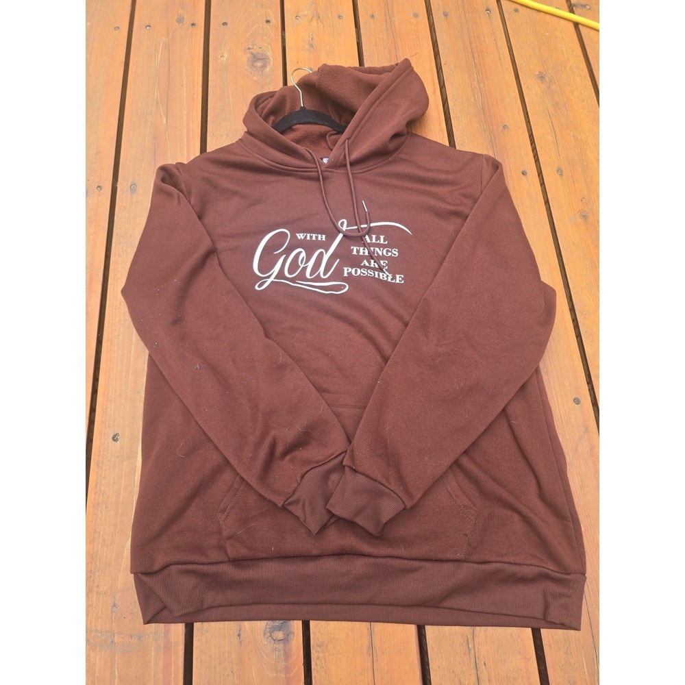 With God All Things Are Possible Brown Hoodie Sweatshirt 2XL Christian Fleece